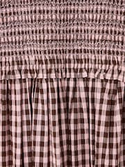 Oliver Bonas Pink Pink & Brown Gingham Shirred Bodice V-Neck Midi Dress - Image 8 of 8