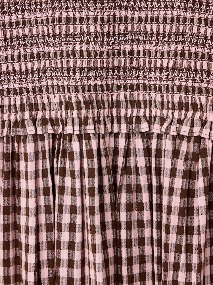 Oliver Bonas Pink Pink & Brown Gingham Shirred Bodice V-Neck Midi Dress - Image 8 of 8 Oliver Bonas Pink Pink & Brown Gingham Shirred Bodice V-Neck Midi Dress - Image 8 of 8