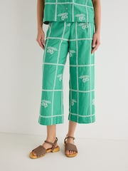 Oliver Bonas Green Green Strawberry Embroidered Cropped Wide Leg Trousers - Image 1 of 7