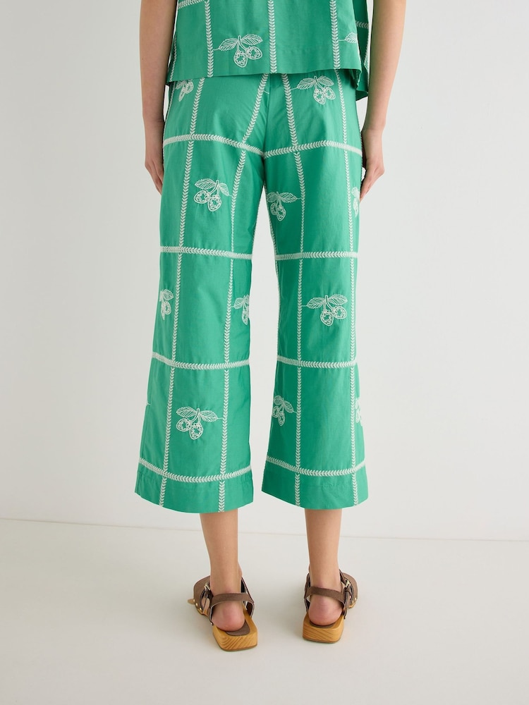 Oliver Bonas Green Green Strawberry Embroidered Cropped Wide Leg Trousers - Image 2 of 7