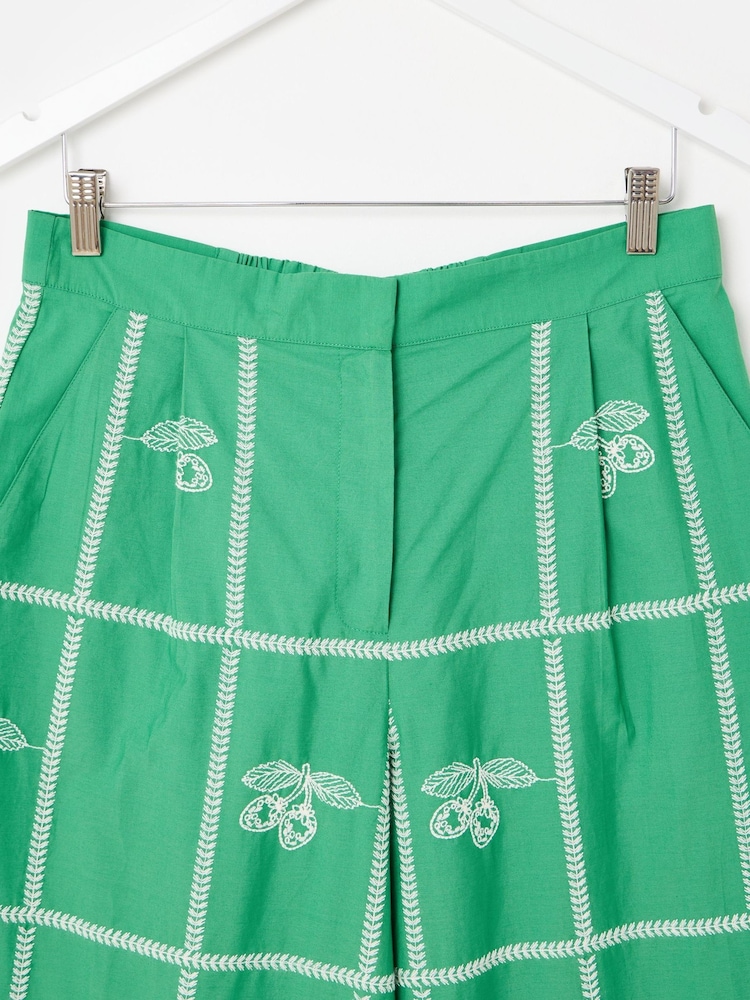 Oliver Bonas Green Green Strawberry Embroidered Cropped Wide Leg Trousers - Image 7 of 7