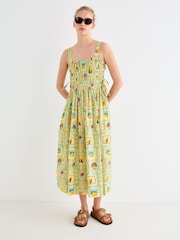 Oliver Bonas Green Green Fruit Postcard Print Strappy Midi Dress - Image 1 of 8