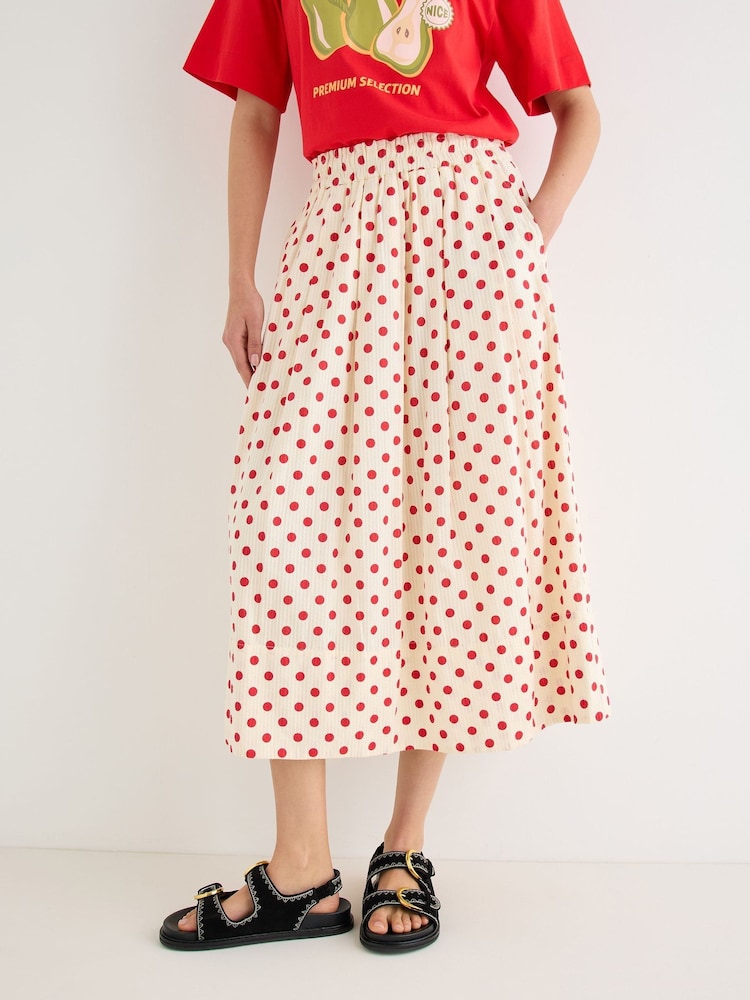 Oliver Bonas White Cream & Red Polka Dot Elasticated Waist Midi Skirt - Image 1 of 7 Oliver Bonas White Cream & Red Polka Dot Elasticated Waist Midi Skirt - Image 1 of 7
