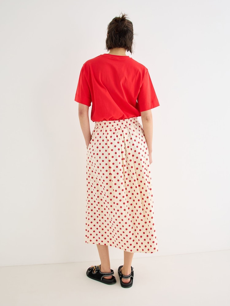 Oliver Bonas White Cream & Red Polka Dot Elasticated Waist Midi Skirt - Image 2 of 7 Oliver Bonas White Cream & Red Polka Dot Elasticated Waist Midi Skirt - Image 2 of 7