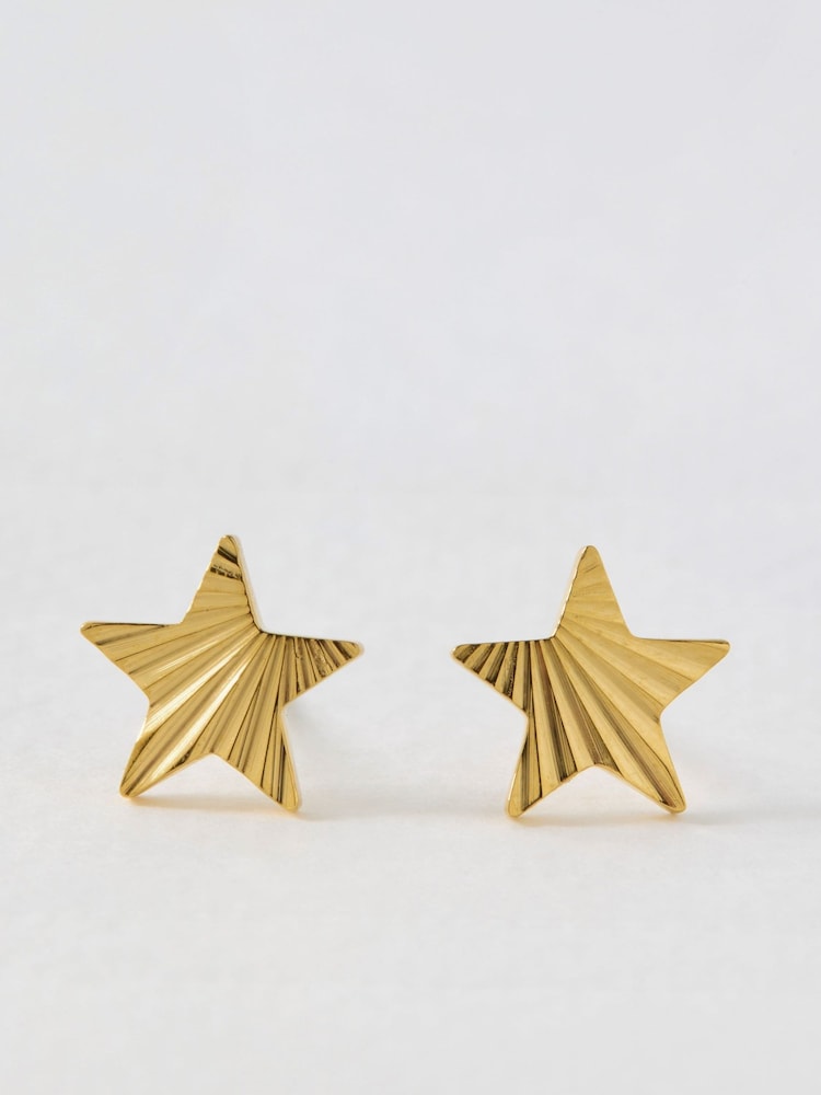 Oliver Bonas Gold Novie Gold Tone Waterproof Etched Star Stud Earrings - Image 1 of 3 Oliver Bonas Gold Novie Gold Tone Waterproof Etched Star Stud Earrings - Image 1 of 3