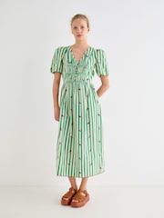 Oliver Bonas Green Green & Cream Striped Floral Embroidered Midi Dress - Image 1 of 8