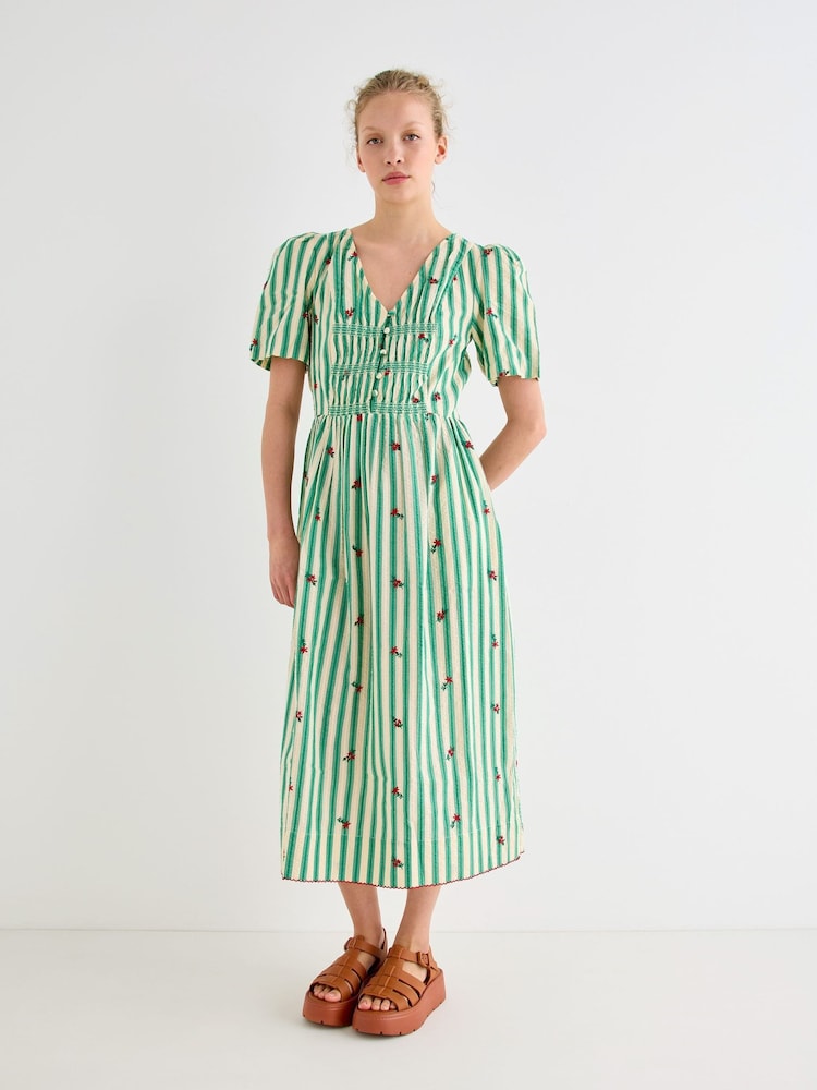 Oliver Bonas Green Green & Cream Striped Floral Embroidered Midi Dress - Image 1 of 8 Oliver Bonas Green Green & Cream Striped Floral Embroidered Midi Dress - Image 1 of 8