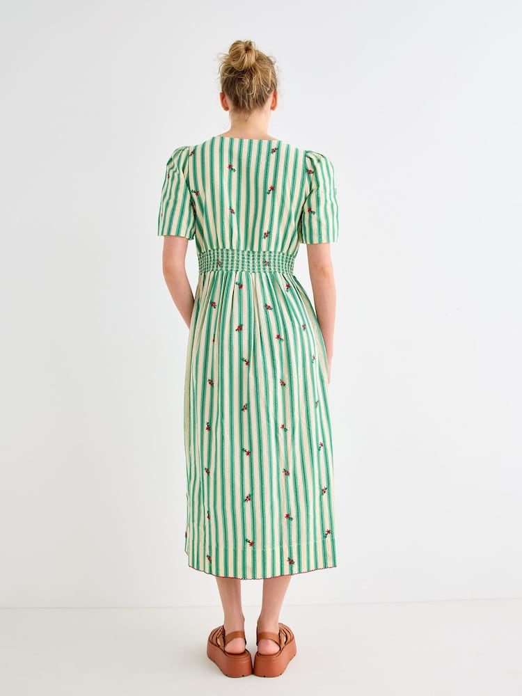 Oliver Bonas Green Green & Cream Striped Floral Embroidered Midi Dress - Image 2 of 8 Oliver Bonas Green Green & Cream Striped Floral Embroidered Midi Dress - Image 2 of 8