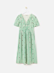 Oliver Bonas Green Green & Cream Striped Floral Embroidered Midi Dress - Image 3 of 8