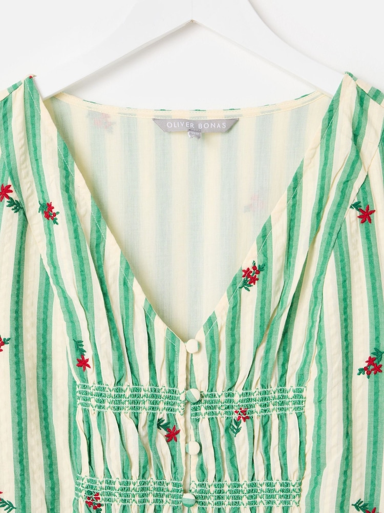 Oliver Bonas Green Green & Cream Striped Floral Embroidered Midi Dress - Image 8 of 8 Oliver Bonas Green Green & Cream Striped Floral Embroidered Midi Dress - Image 8 of 8