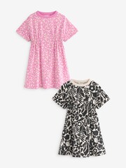 Black/ White /Pink Floral Print Short Sleeve Dresses 2 Pack (3-16yrs) - Image 1 of 3