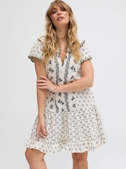Raffya Cream Jemilla Split Neck Jacquard Mini Dress In - Image 1 of 4