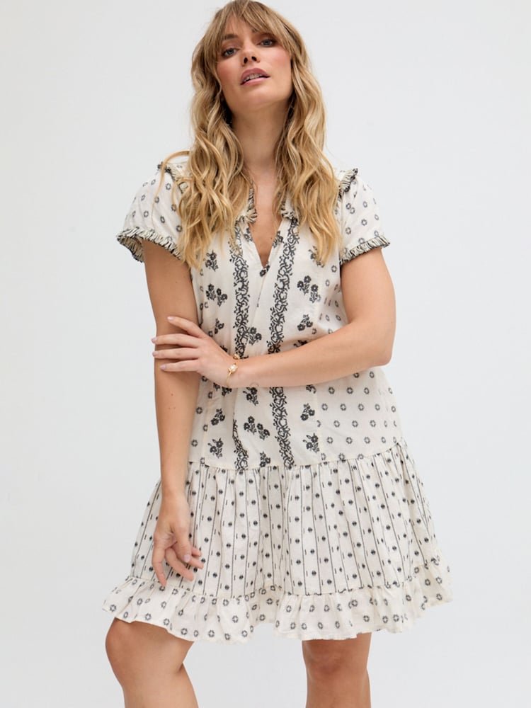 Raffya Cream Jemilla Split Neck Jacquard Mini Dress In - Image 1 of 4