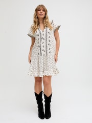 Raffya Cream Jemilla Split Neck Jacquard Mini Dress In - Image 2 of 4