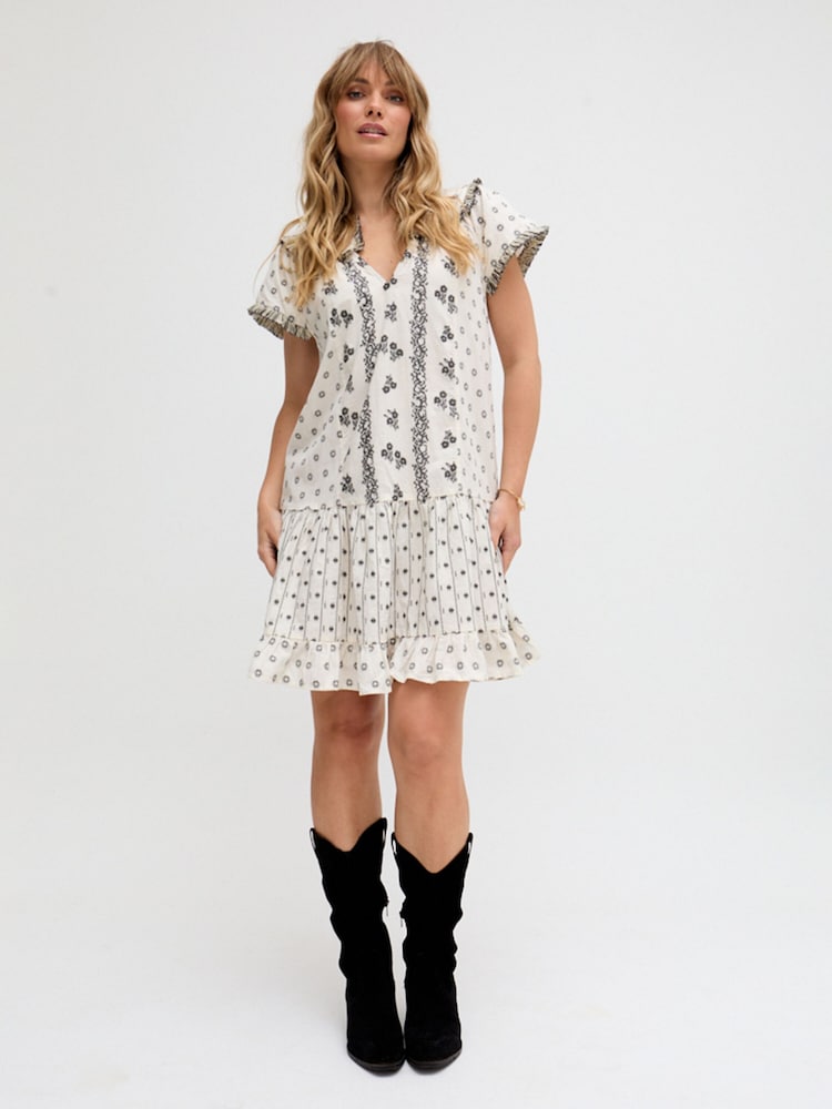 Raffya Cream Jemilla Split Neck Jacquard Mini Dress In - Image 2 of 4