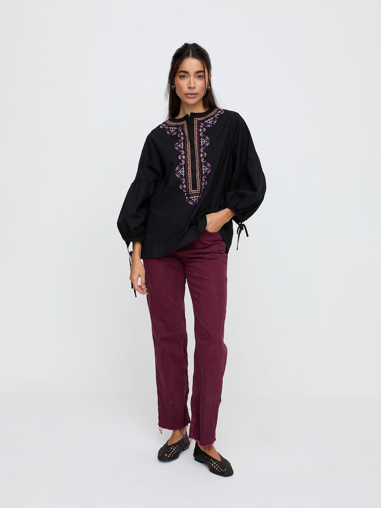 Raffya Black Anai Half Placket Embroidered Blouse In - Image 1 of 6