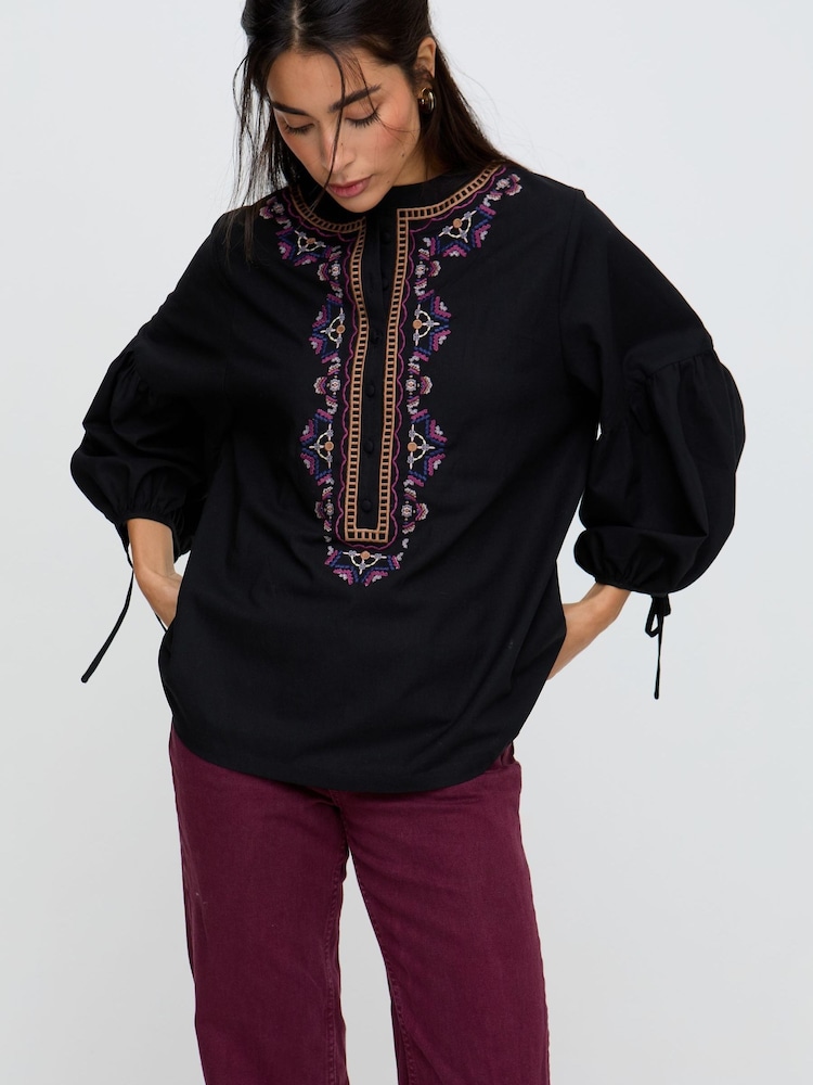 Raffya Black Anai Half Placket Embroidered Blouse In - Image 6 of 6