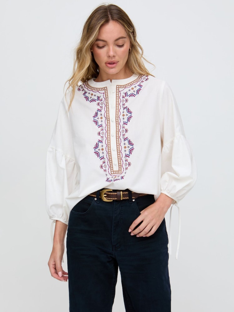 Raffya White Anai Half Placket Embroidered Blouse In - Image 1 of 5
