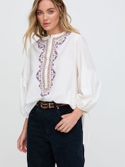 Raffya White Anai Half Placket Embroidered Blouse In - Image 3 of 5