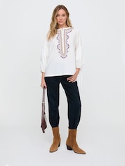 Raffya White Anai Half Placket Embroidered Blouse In - Image 4 of 5