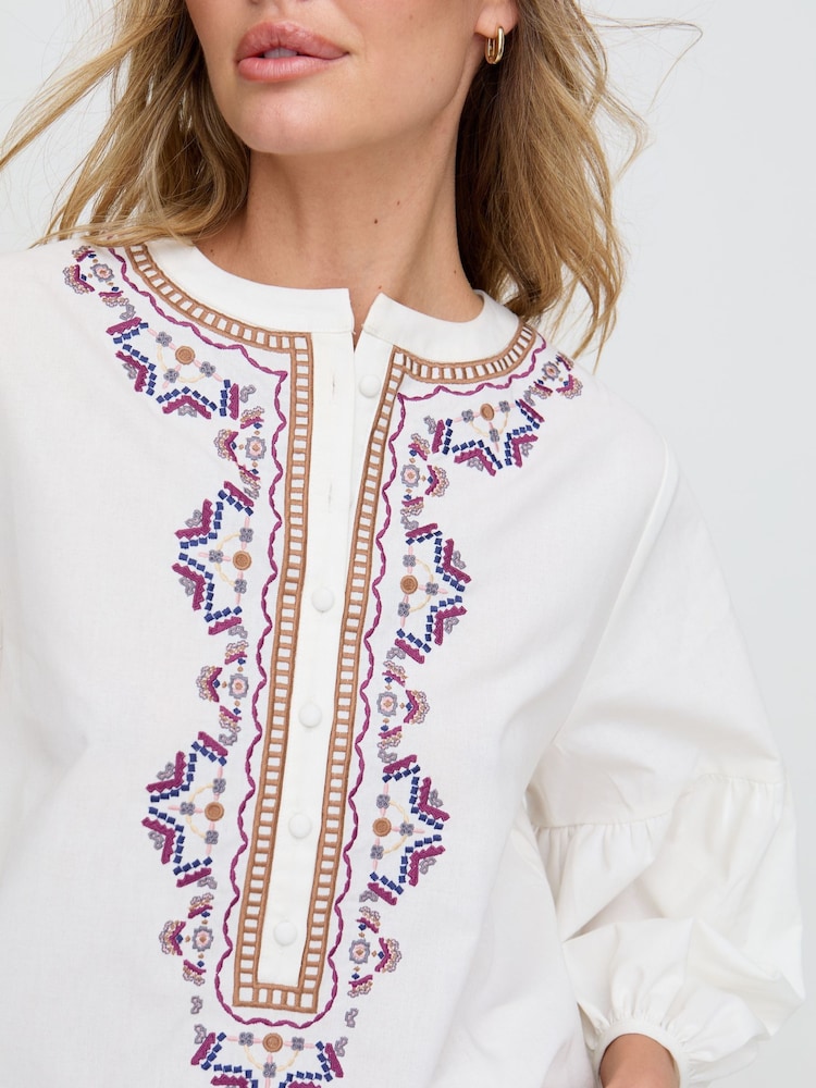 Raffya White Anai Half Placket Embroidered Blouse In - Image 5 of 5