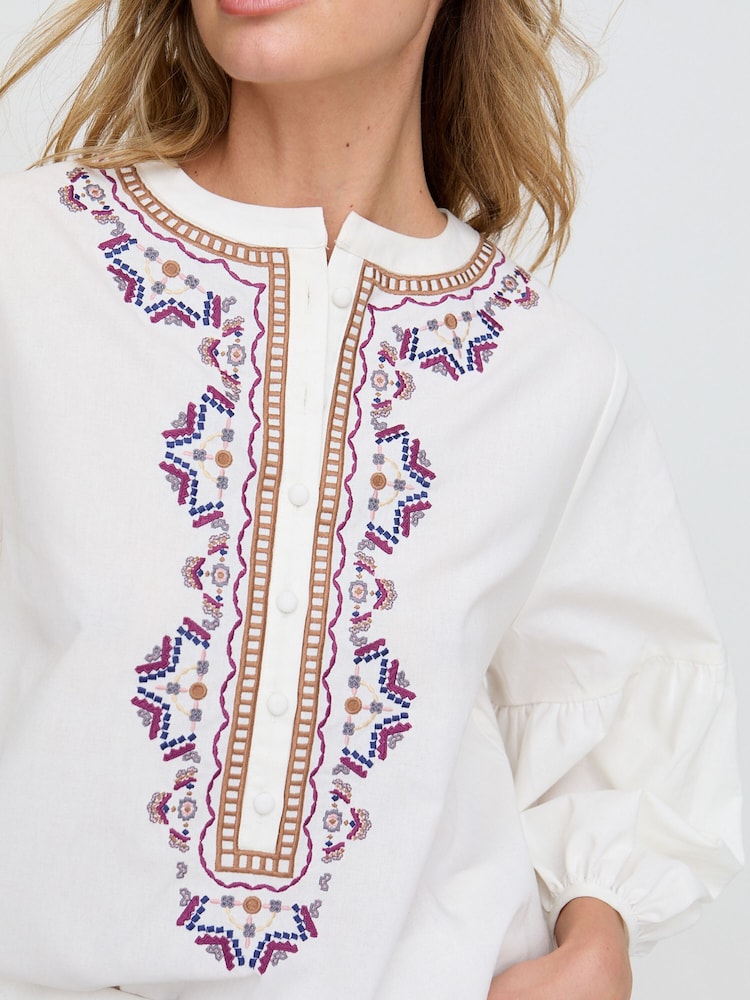 Raffya Cream Demi Embroidered Ballon Sleeve Shirt In - Image 1 of 4 Raffya Cream Demi Embroidered Ballon Sleeve Shirt In - Image 1 of 4
