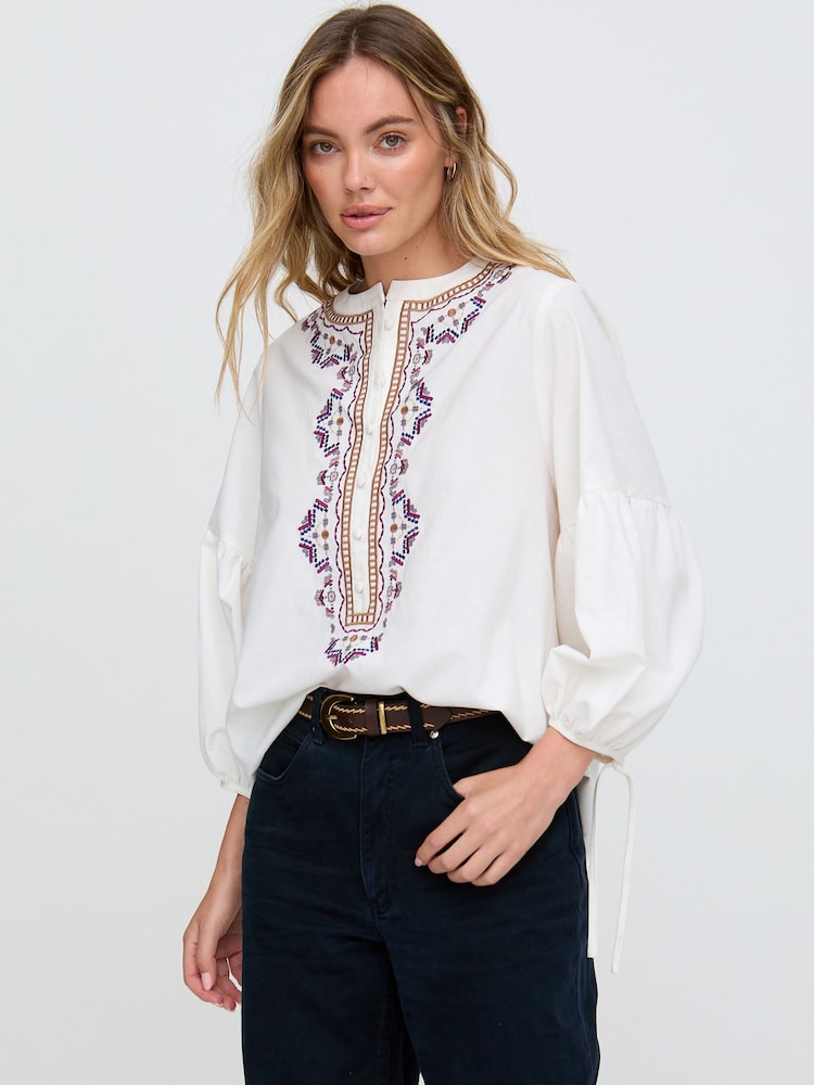 Raffya Cream Demi Embroidered Ballon Sleeve Shirt In - Image 2 of 4 Raffya Cream Demi Embroidered Ballon Sleeve Shirt In - Image 2 of 4