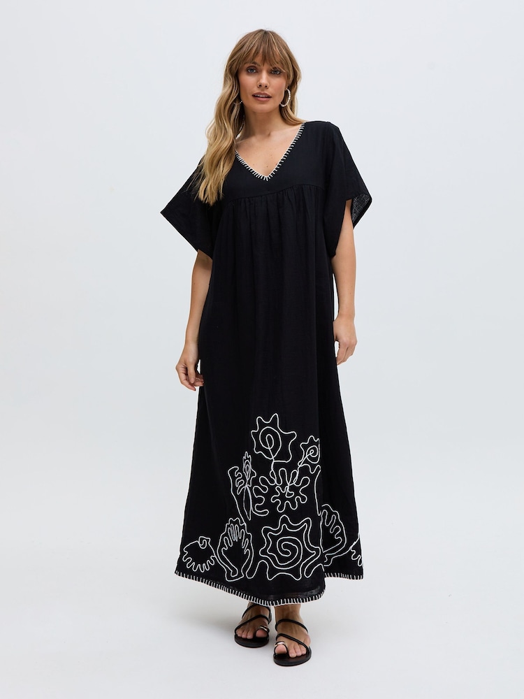 Raffya Black Candy Tabard Embroidered Hem Maxi Dress In - Image 1 of 4