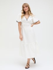 Raffya White Delilah V-Neck Front Tie Midi Dress In - Image 1 of 4