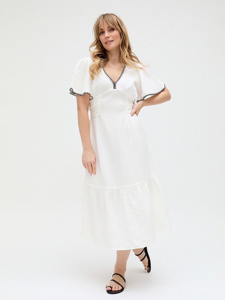 Raffya White Delilah V-Neck Front Tie Midi Dress In - Image 1 of 4
