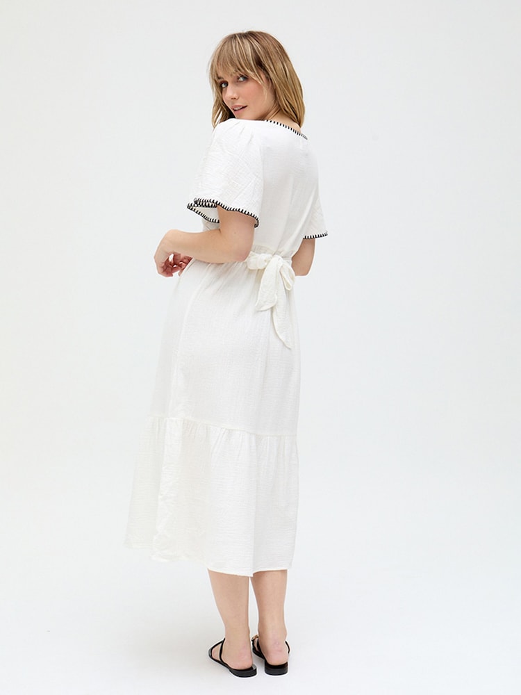 Raffya White Delilah V-Neck Front Tie Midi Dress In - Image 2 of 4
