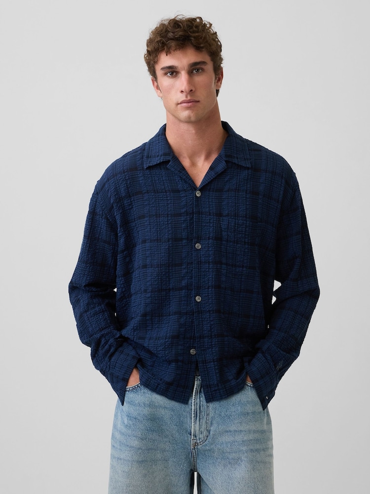 Gap Navy Blue Relaxed Straight-Hem Seersucker Shirt - Image 1 of 4 Gap Navy Blue Relaxed Straight-Hem Seersucker Shirt - Image 1 of 4