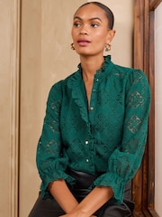 Love & Roses Forest Green Lace Ruffle Front 3/4 Sleeve Blouse - Image 1 of 5