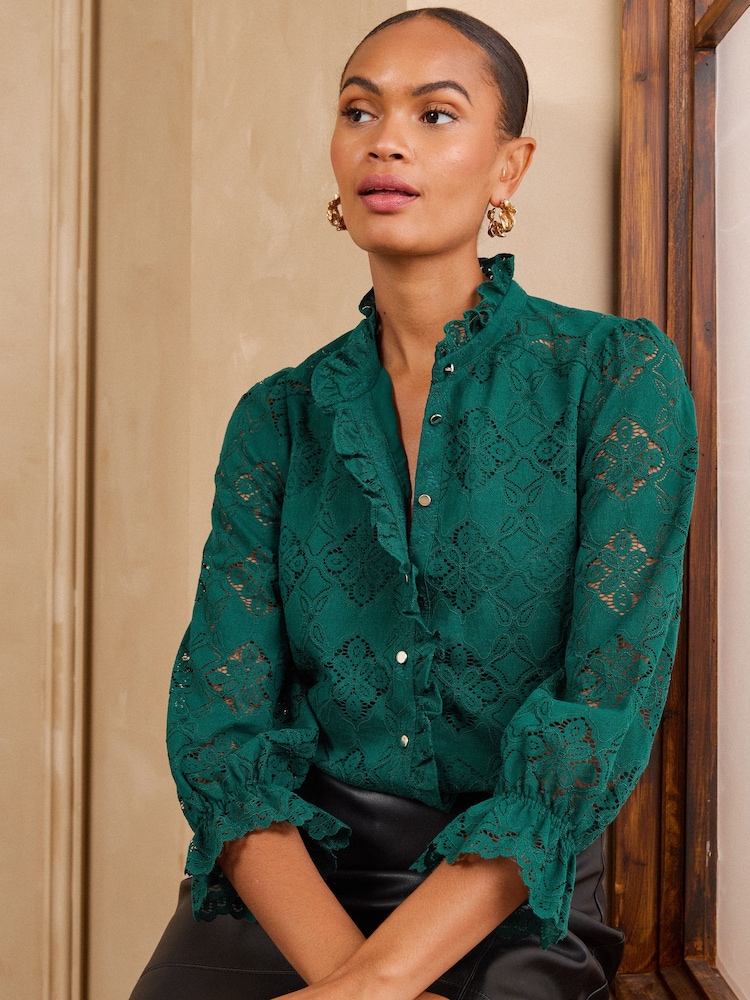 Love & Roses Forest Green Lace Ruffle Front 3/4 Sleeve Blouse - Image 1 of 5