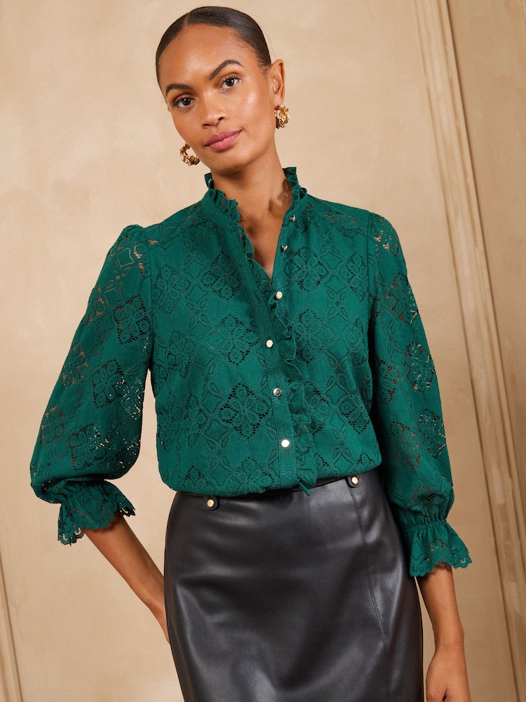 Love & Roses Forest Green Lace Ruffle Front 3/4 Sleeve Blouse - Image 2 of 5