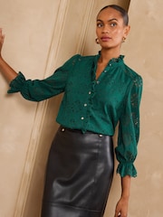 Love & Roses Forest Green Lace Ruffle Front 3/4 Sleeve Blouse - Image 3 of 5