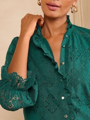 Love & Roses Forest Green Lace Ruffle Front 3/4 Sleeve Blouse - Image 4 of 5