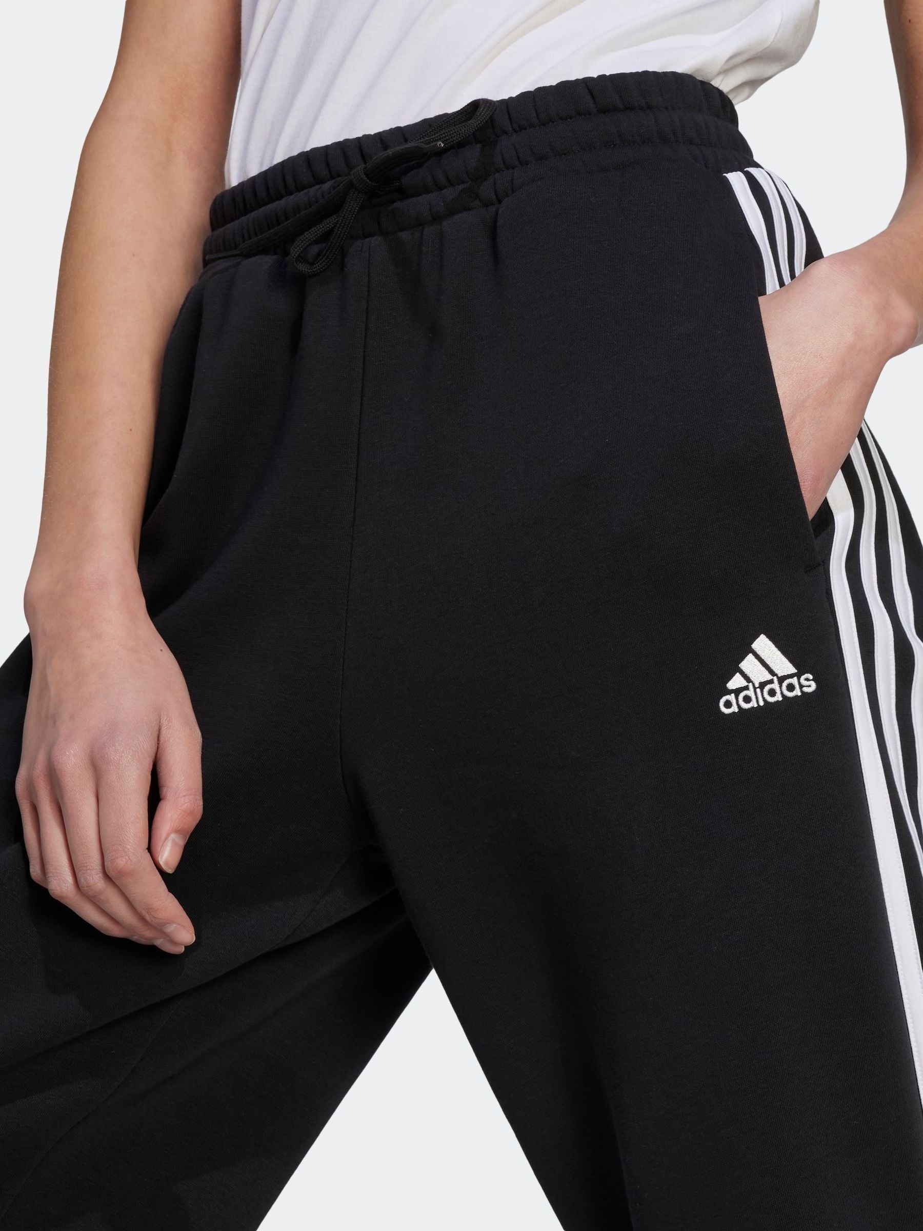 Adidas Essentials 3 Stripes Open Hem Fleece Joggers Black M Woman