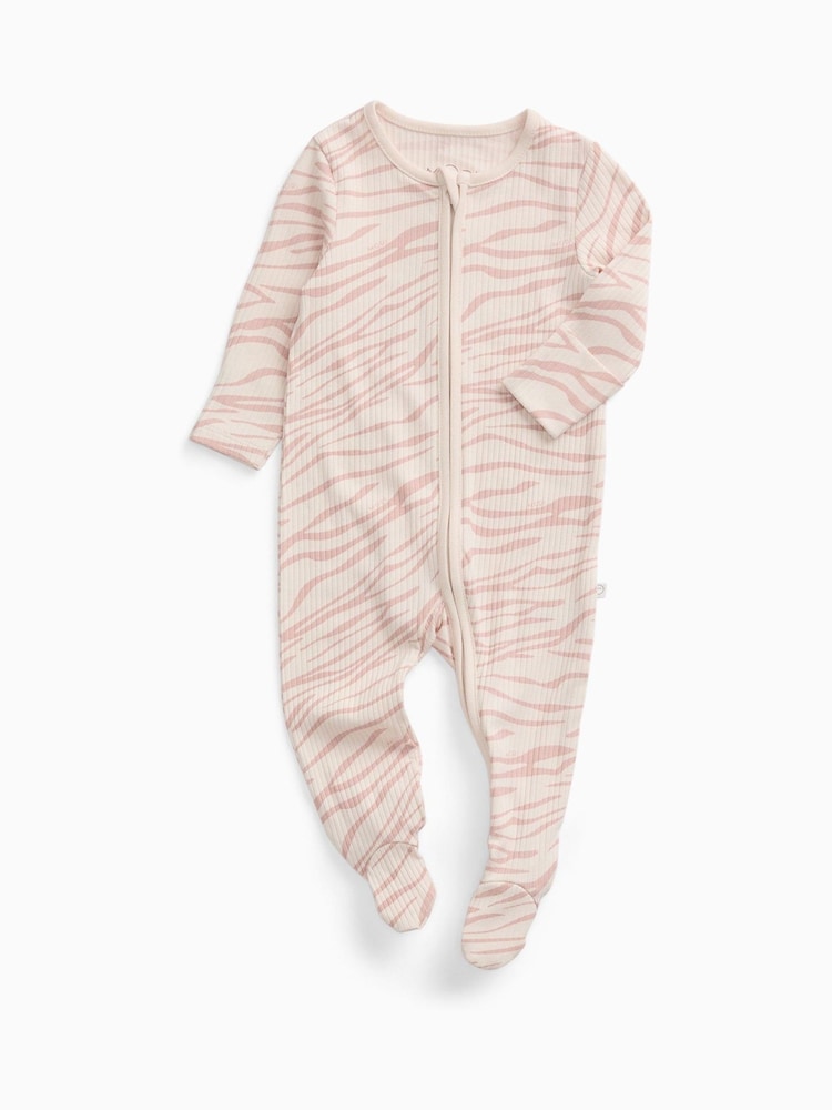 MORI Pink Ribbed Zebra Stretch Supersoft Two Way Zip-Up Sleepsuit - Image 1 of 2