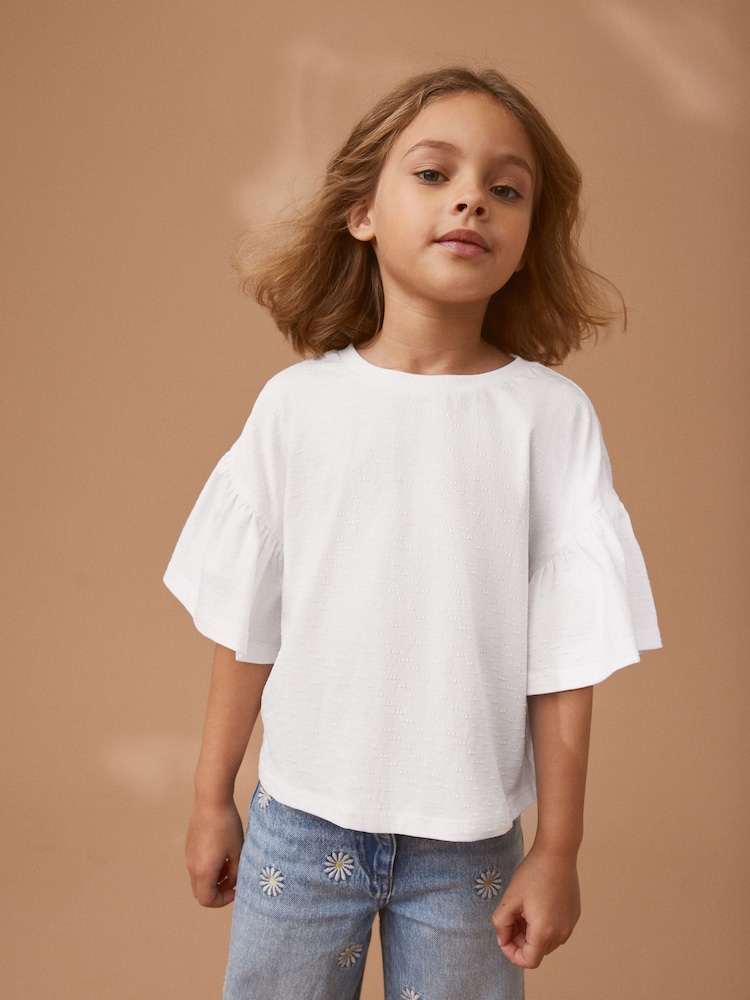 White Textured Frill Sleeve T-Shirt (3-16yrs) - Image 1 of 7