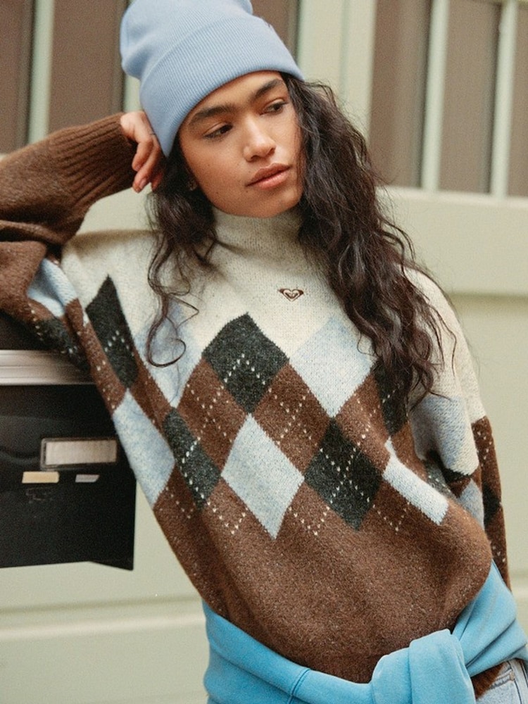 Roxy Brown Lets Get High Mock Neck Argyle Jumper - Image 1 of 4 Roxy Brown Lets Get High Mock Neck Argyle Jumper - Image 1 of 4