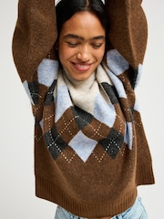 Roxy Brown Lets Get High Mock Neck Argyle Jumper - Image 4 of 4