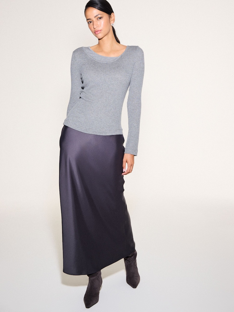 Dark Grey Satin Midi Skirt - Image 2 of 5 Dark Grey Satin Midi Skirt - Image 2 of 5