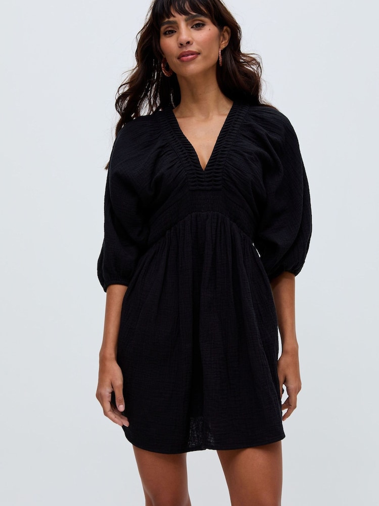 Raffya Black Soipoi Ruched V-Neck Mini Dress In Black - Image 1 of 4
