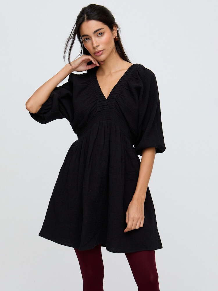 Raffya Black Soipoi Ruched V-Neck Mini Dress In Black - Image 2 of 4