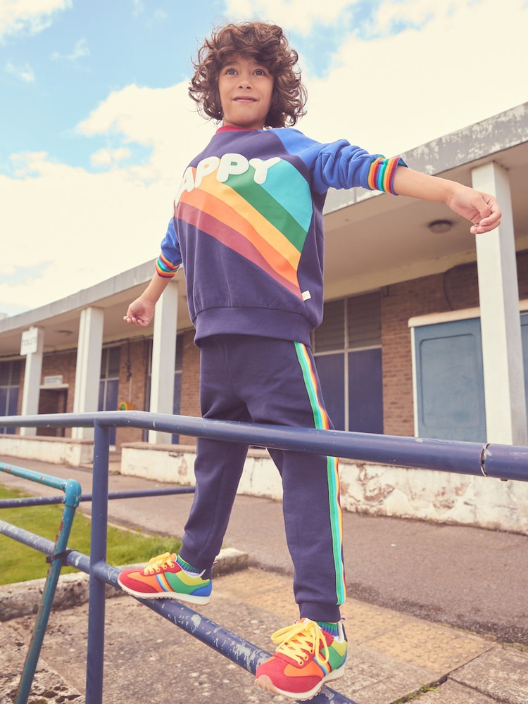 Little Bird by Jools Oliver Navy Happy Rainbow Crew Neck 100% Cotton Sweatshirt - Image 1 of 8