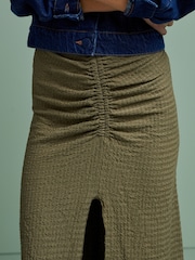 Khaki Green Texture Ruched Front Midi Skirt - Image 4 of 4