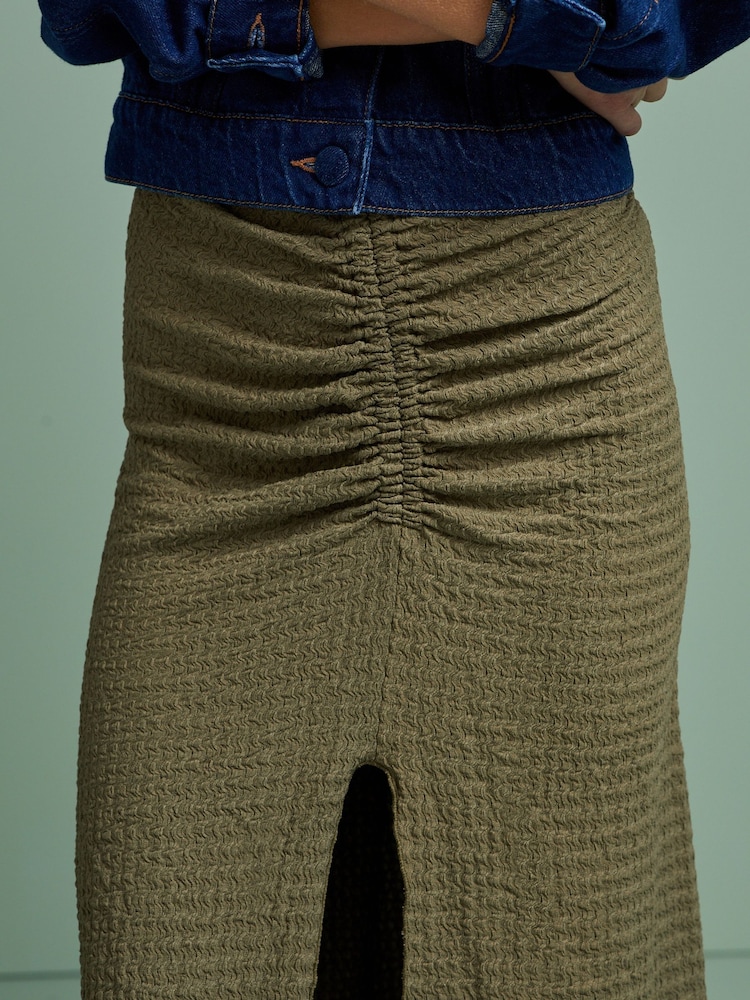 Khaki Green Texture Ruched Front Midi Skirt - Image 4 of 4