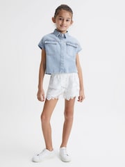 Reiss Mid Blue Sandie Senior Denim Crop Top - Image 1 of 6