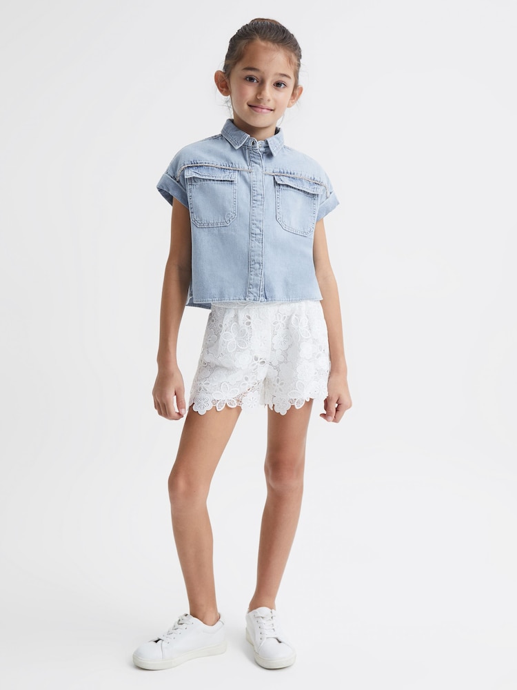 Reiss Mid Blue Sandie Senior Denim Crop Top - Image 1 of 6